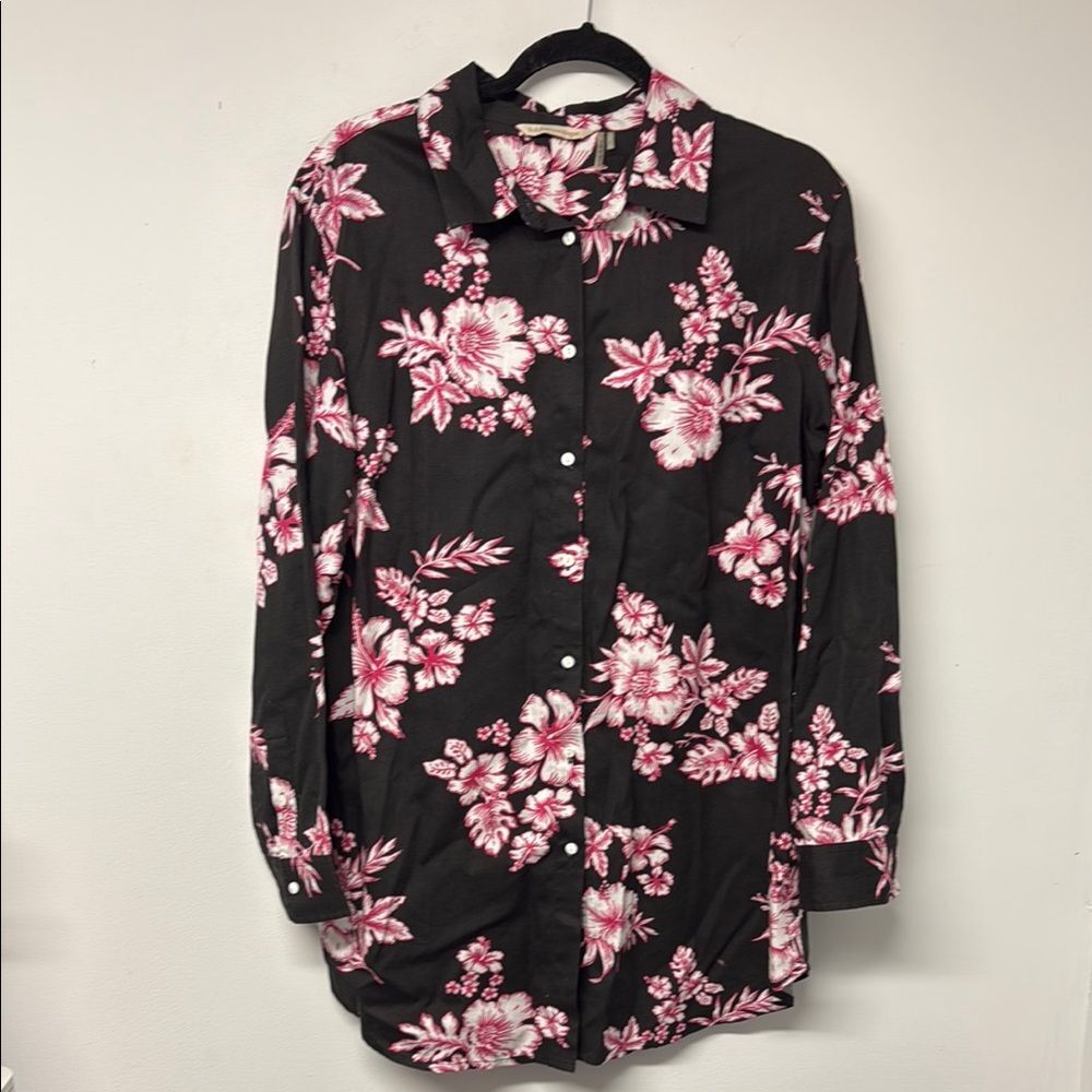Soft Surroundings Black and Pink Floral Button Down Shirt